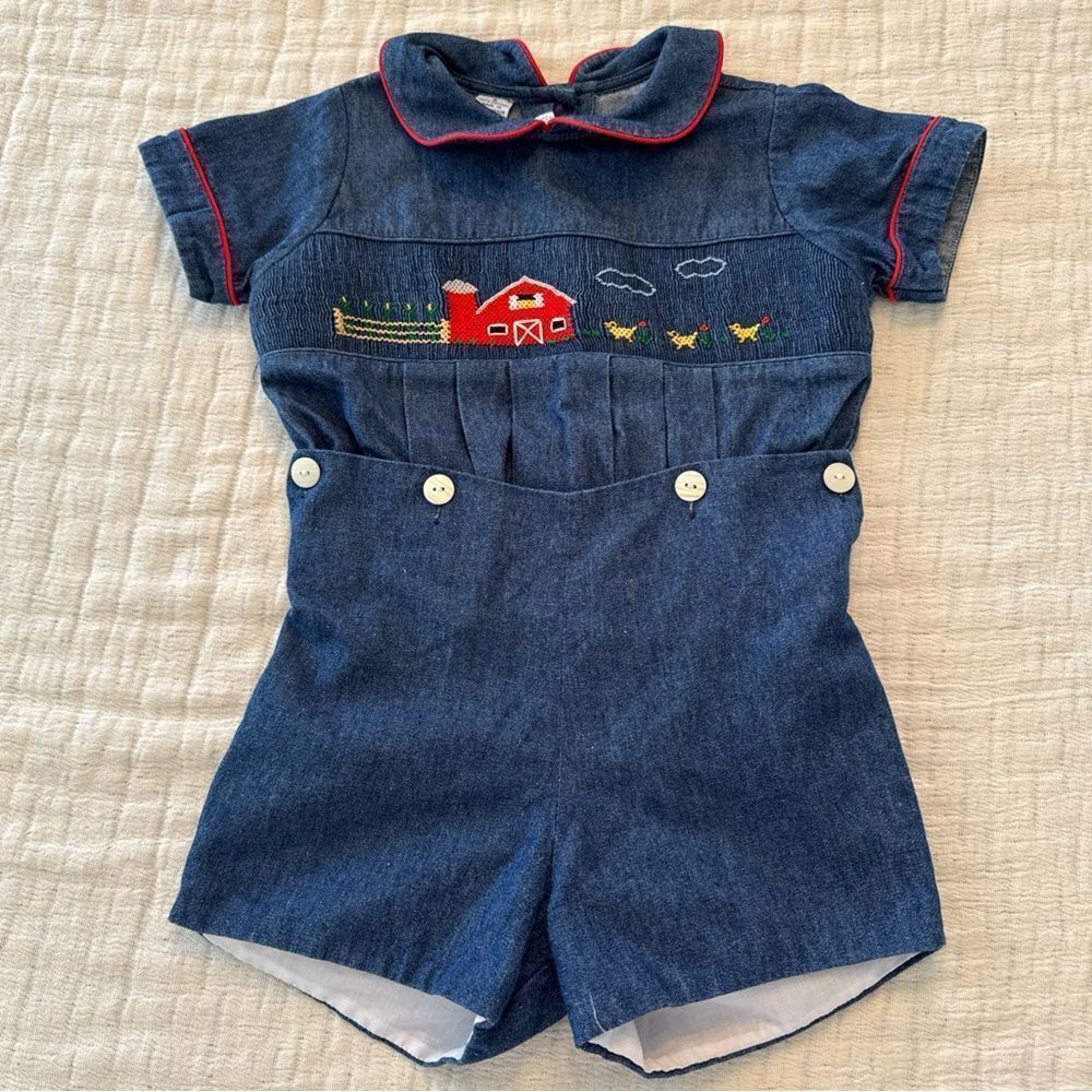 VIVA LA FETE Vintage Toddler Kids 2 Romper Denim Smocked Barn Chickens Farm